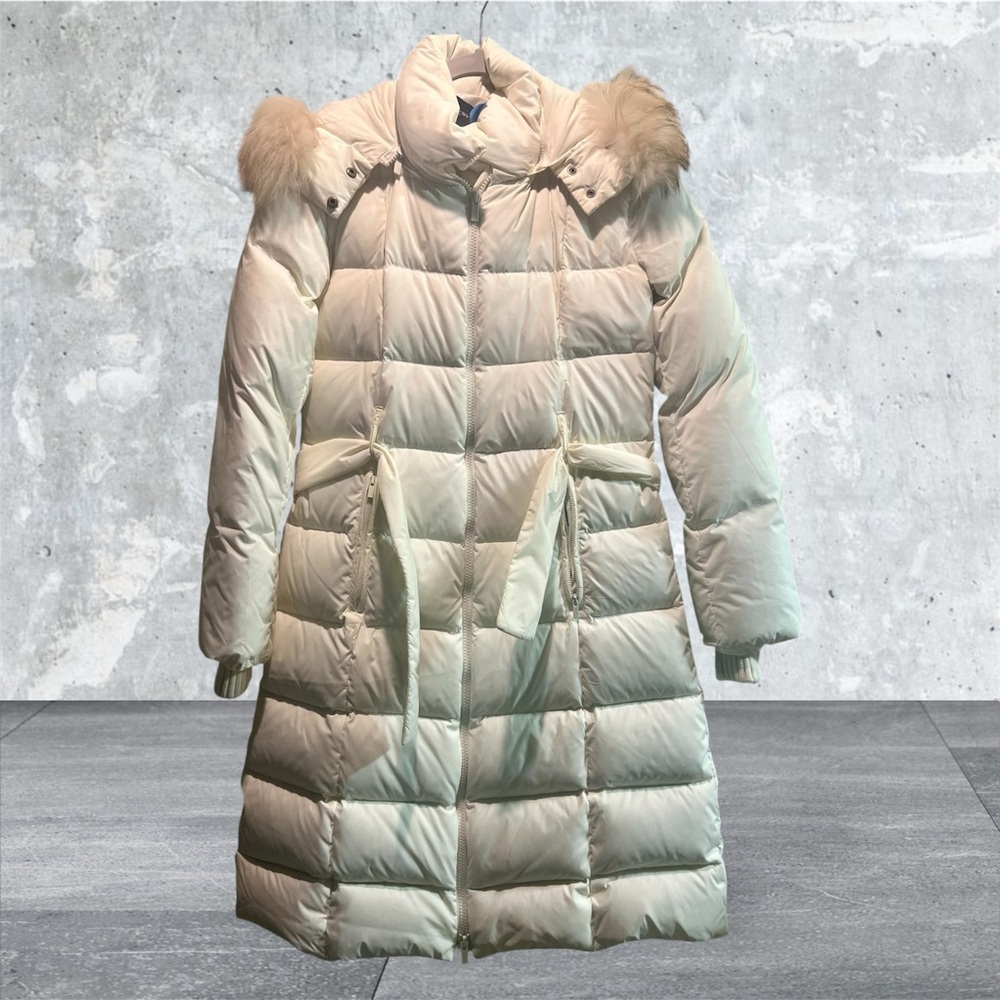 BCBG Women's Cream Puffer Coat with Fur Trim XS